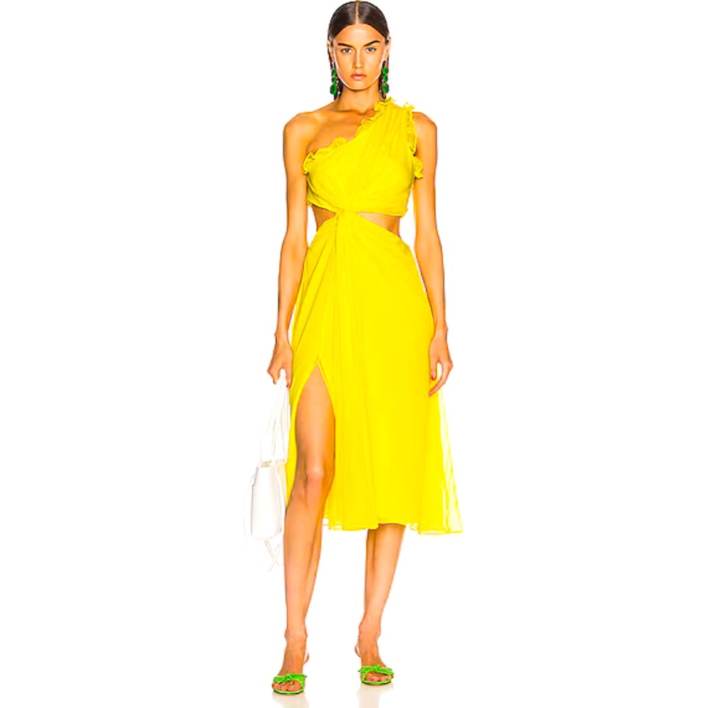 Cinq a Sept Corrine Yellow One Shoulder midi Dress